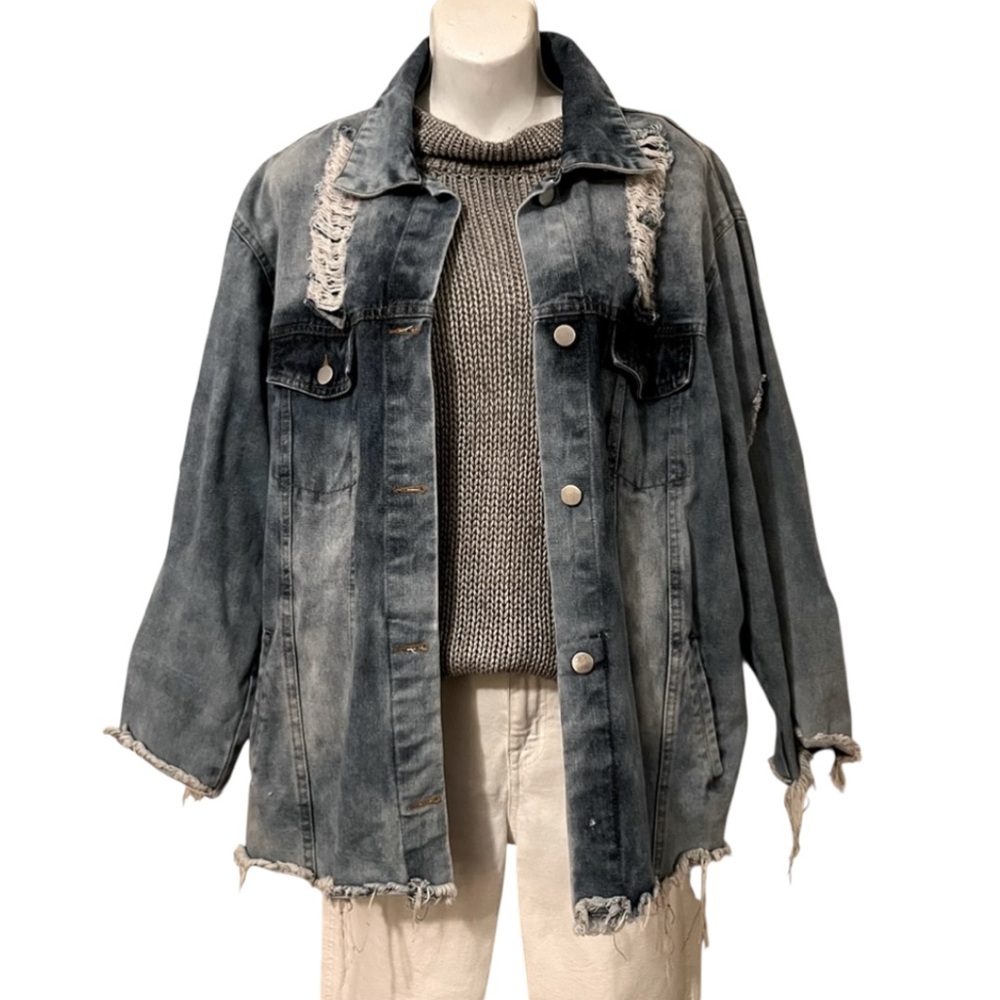 36•5 Womens Distressed Raw Edge Oversized Denim Shirt Jacket Shacket Sz L